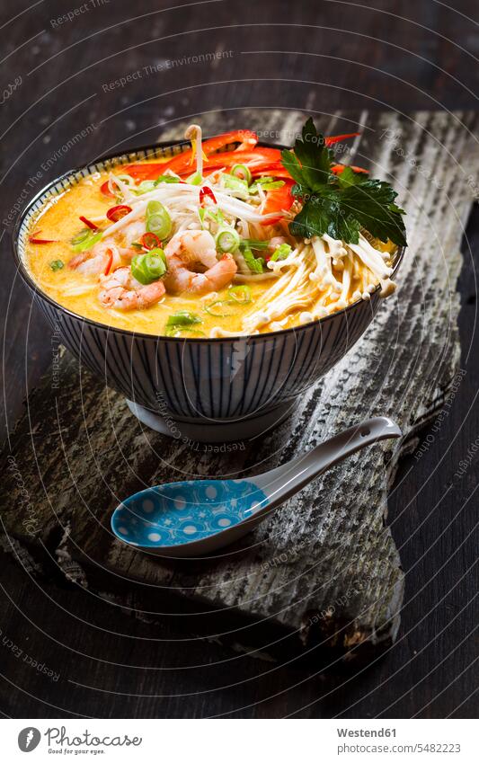 Bowl of Asian curry cocos soup 'Laksa' nobody Curry porcellain spoon Red Bell Pepper red pepper Red Bell Peppers Soup Soups Potage sprouts noodle soup