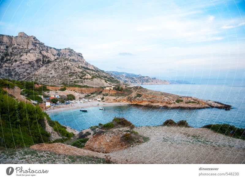 Azure waters of bay in Calanqus natural park, Marseille Vacation & Travel Tourism Sightseeing Summer Ocean Island Mountain Nature Landscape Sky Tree Rock Coast