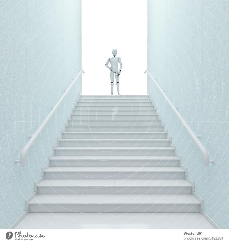 Robot standing on top of stairs, 3d rendering technology technologies engineering View Vista Look-Out outlook Technological bright light clear fair