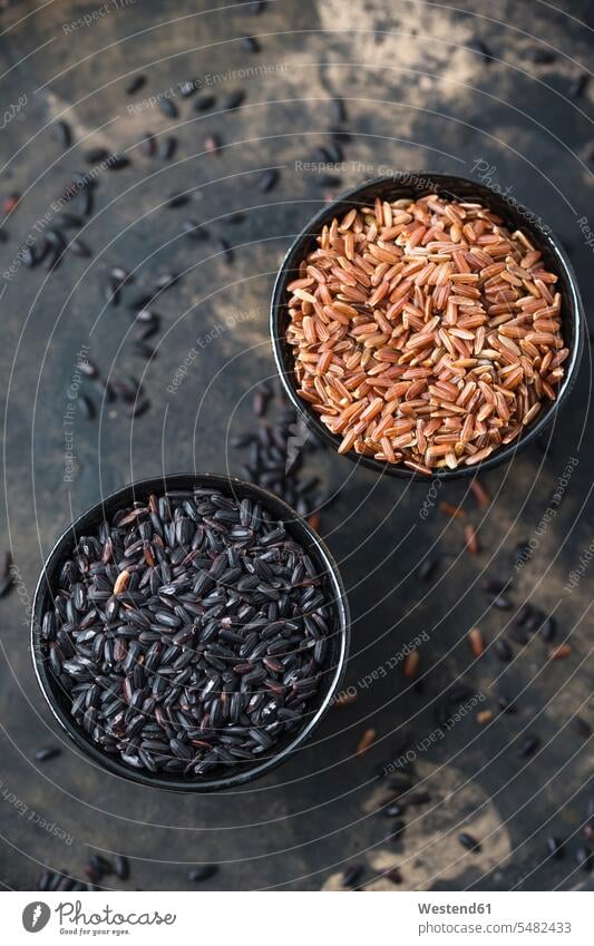 Two bowls of red and black rice uncooked still life still-lifes still lifes Rice healthy eating nutrition red rice close-up close up closeups close ups