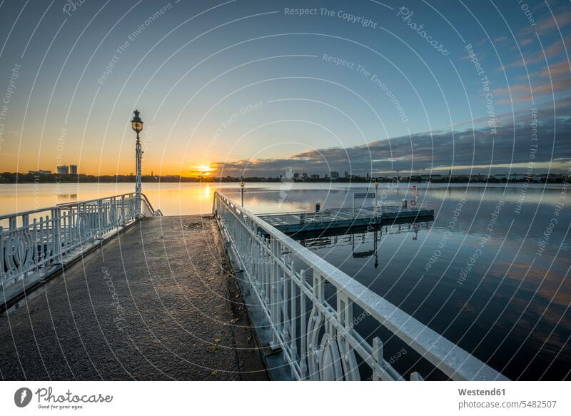 Germany, Hamburg, Outer Alster Lake, mooring area Rabenstrasse at sunrise morning light Solitude seclusion Solitariness solitary remote secluded Absence Absent