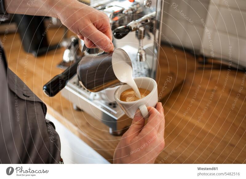 Cappuccino, man pouring milk froth in coffee cup Perfection perfectly perfected Milk Churn Milk Cans Milk Churns machine Series Part of A Series Coffee Machine