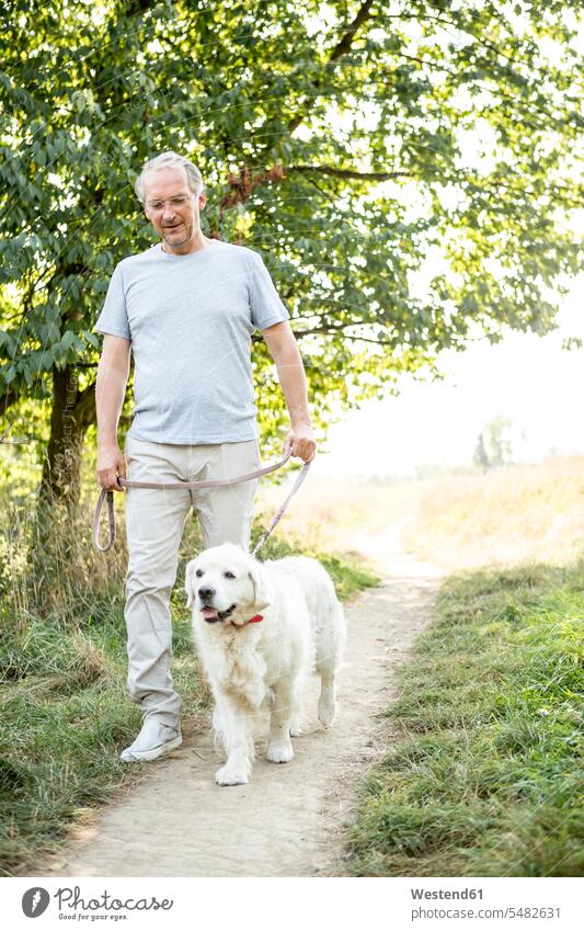 Senior man going walkies with dog dogs Canine men males pets animal creatures animals Adults grown-ups grownups adult people persons human being humans