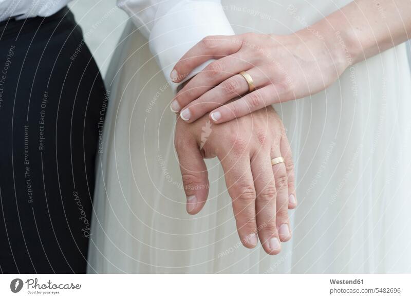 Hands of bridal couple with the wedding rings Love loving bride brides Pair Pairs Wedding getting married marrying Marriage groom bridegrooms hand human hand