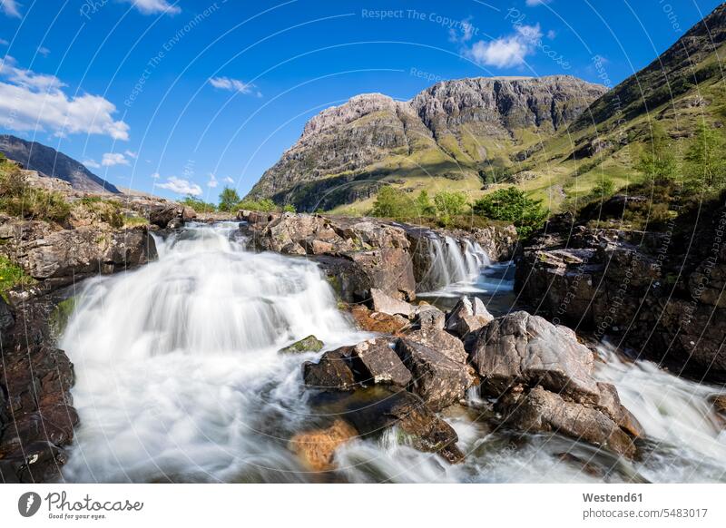 Great Britain, Scotland, Scottish Highlands, Glencoe, Clachaig Falls and Mountain Aonach Dubh cloud clouds rocky Travel landscape landscapes scenery terrain