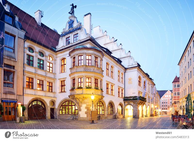 Germany, Bavaria, Munich, Old town, Hofbraeuhaus beer hall at Platzl illuminated lit lighted Illuminating Old Town Historic City Old City Historic District