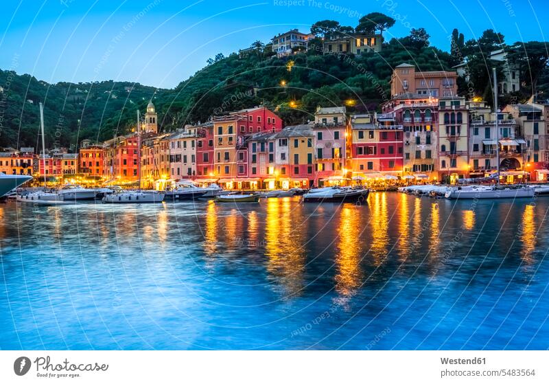 Italy, Liguria, Portofino, boats in harbour at blue hour coast coastline coast area Seacoast seaside bay Bay Of Water bays tranquility tranquillity Calmness