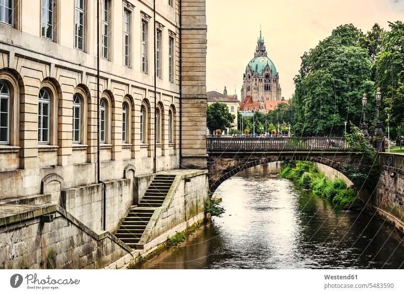 Germany, Lower Saxony, Hannover, New town hall and canal, Leine river Hanover day daylight shot daylight shots day shots daytime bridge bridges historical