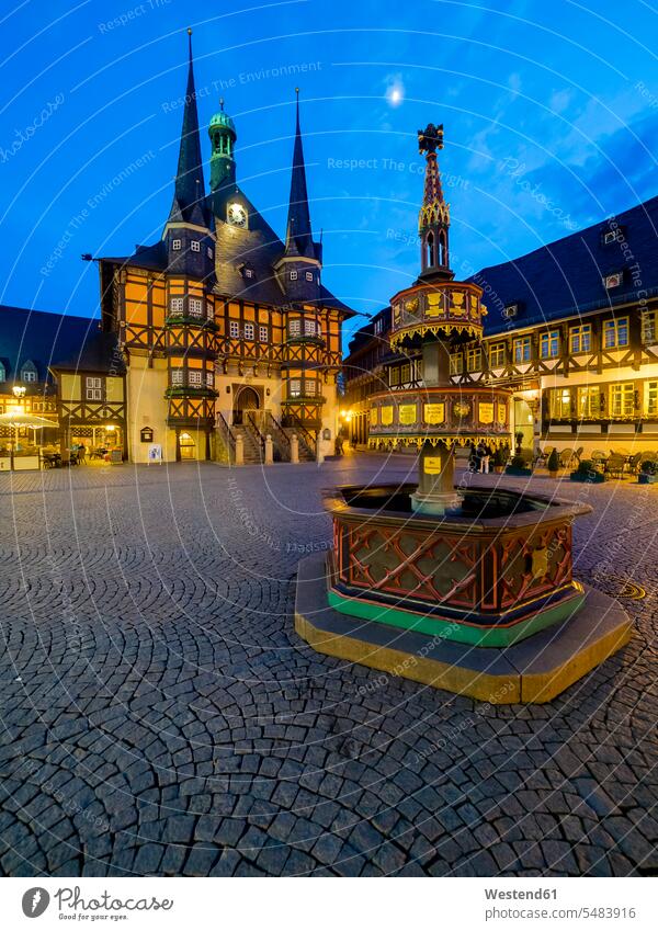 Germany, Saxony-Anhalt, Wernigerode, townhall and market place in the evening old Blue Hour historic old town historic city centre historical city center