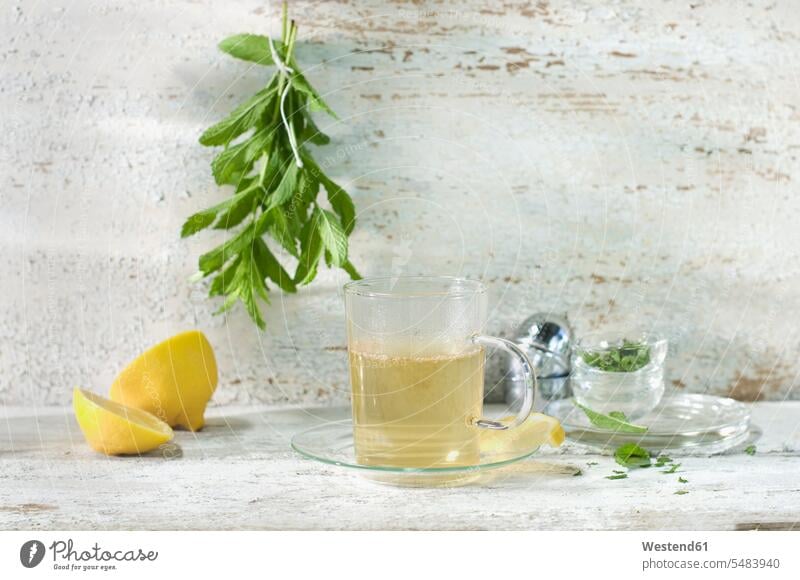 Glass of fresh peppermint tea food and drink Nutrition Alimentation Food and Drinks Twig Twigs sprig sprigs hot beverage hot beverages Spice Plant Spice Plants