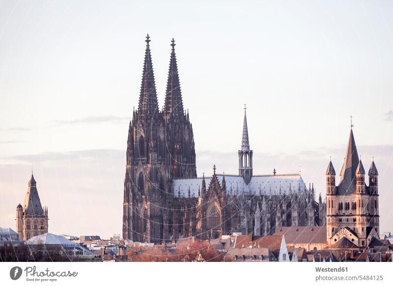 Germany, Cologne, view to city hall, Cologne Cathedral and Gross Sankt Martin landmark Emblem outdoors outdoor shots location shot location shots Architecture