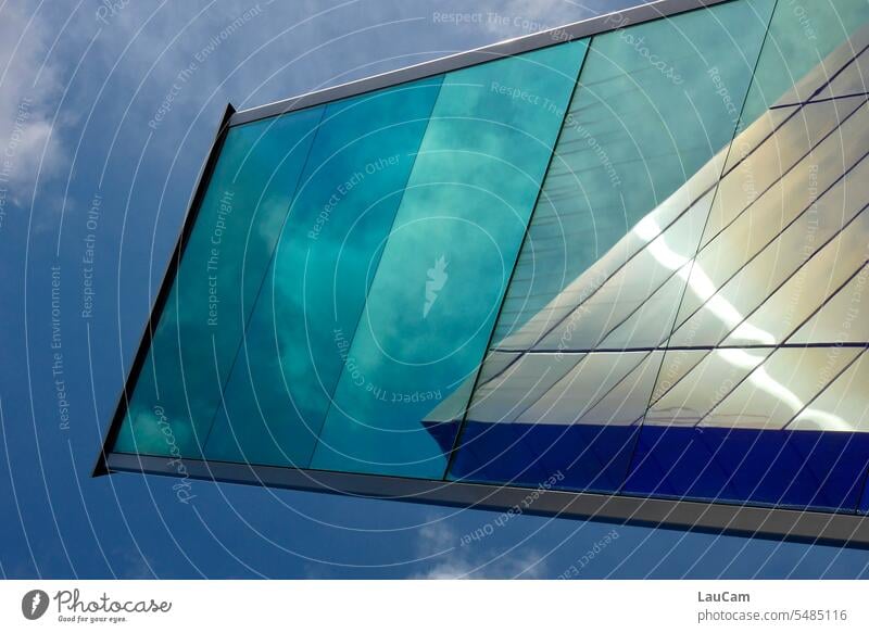 heavenly body Sky Blue sky Clouds reflection heavenly bodies Beautiful weather Modern Abstract shape structures Building Facade futuristic futuristic design