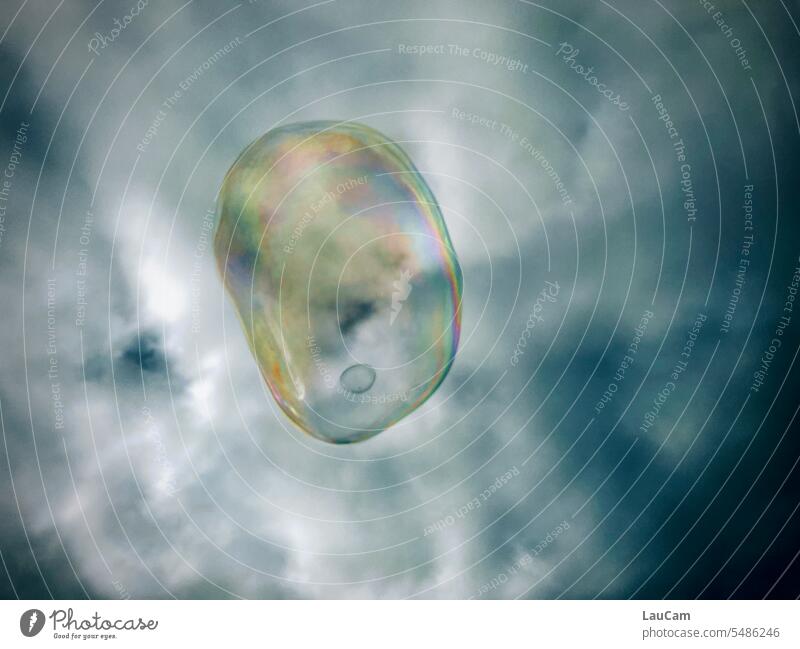 Rich in contrast - colorful soap bubble in front of a dark sky Soap bubble Clouds variegated Gray somber Contrast Sky Flying Glimmer gleaming Hover Air Ease