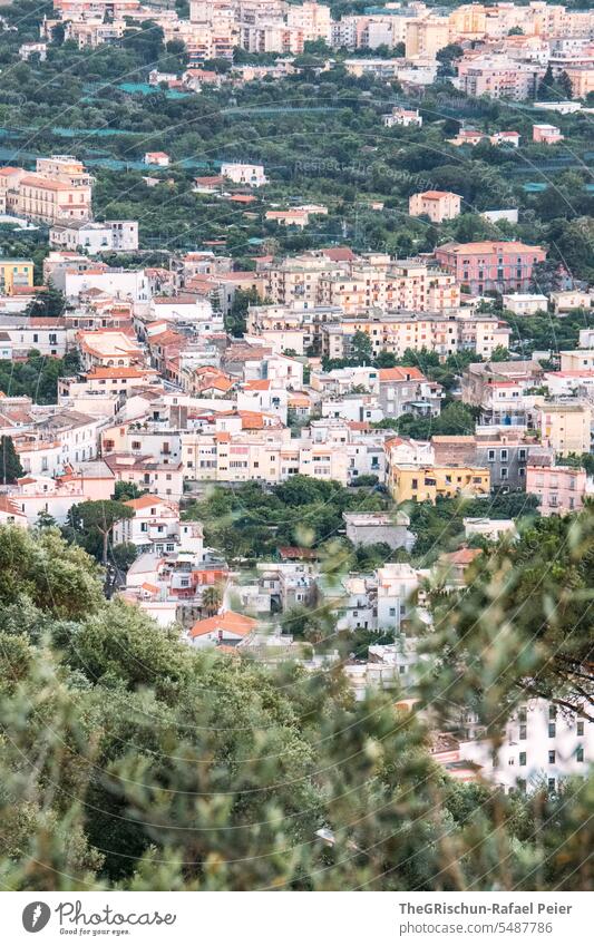 Amalfi Coast - View of small village on the hill Italy coast Summer Landscape Nature Tourism Vacation & Travel houses coasts trees Cliff vacation Colour photo