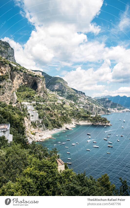Amalfi Coast - Bay with ship in the sea Positano Italy coast Summer Landscape Nature Tourism Vacation & Travel Ocean Water houses coasts trees Cliff
