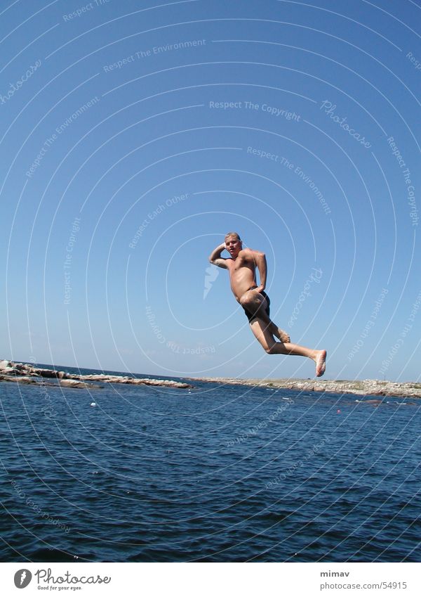 airfoil Ocean Jump Man Bornholm Swimming pool Swimming trunks Water Body Blue Sky
