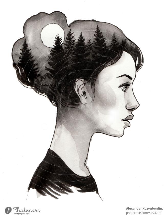 Girl and forest. Ink and watercolor sketch beautiful beauty depression drawing girl mood pretty profile woman wood