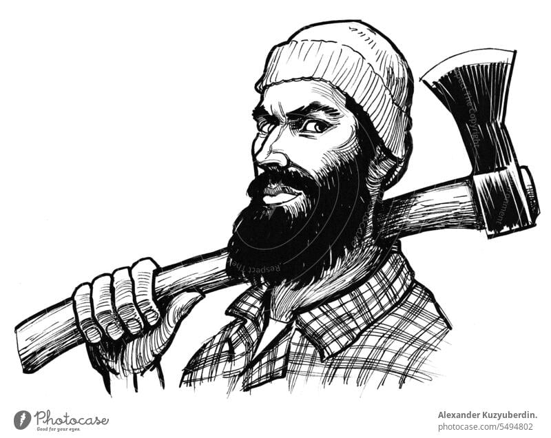 Lumberjack with axe beard bearded black design forester hand hipster illustration isolated logging lumberjack male man retro shirt timber vintage woodcutter