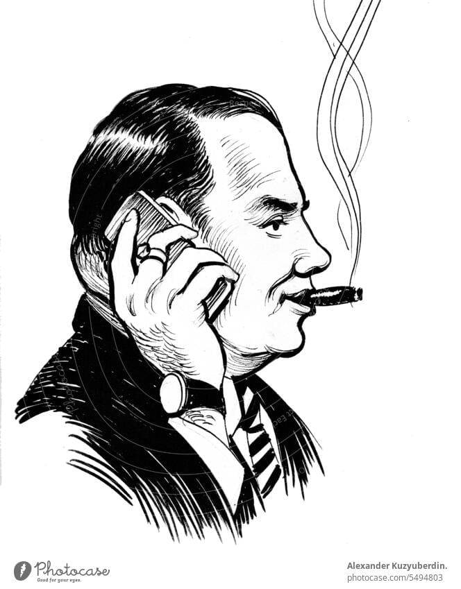 Boss talking on the phone and smoking a cigar. Retro styled ink drawing background boss business cell cigarette communication concept customer drinking fashion