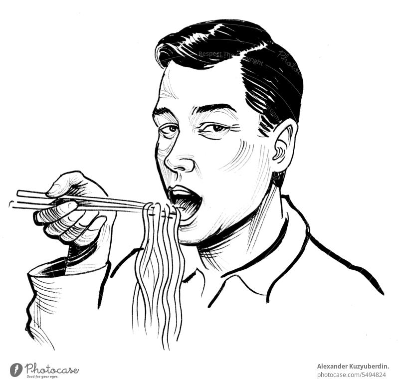 Asian man eating noodles with chopsticks. Hand drawn on paper, retro styled ink black and white illustration art asian chef china chinese cooking cuisine