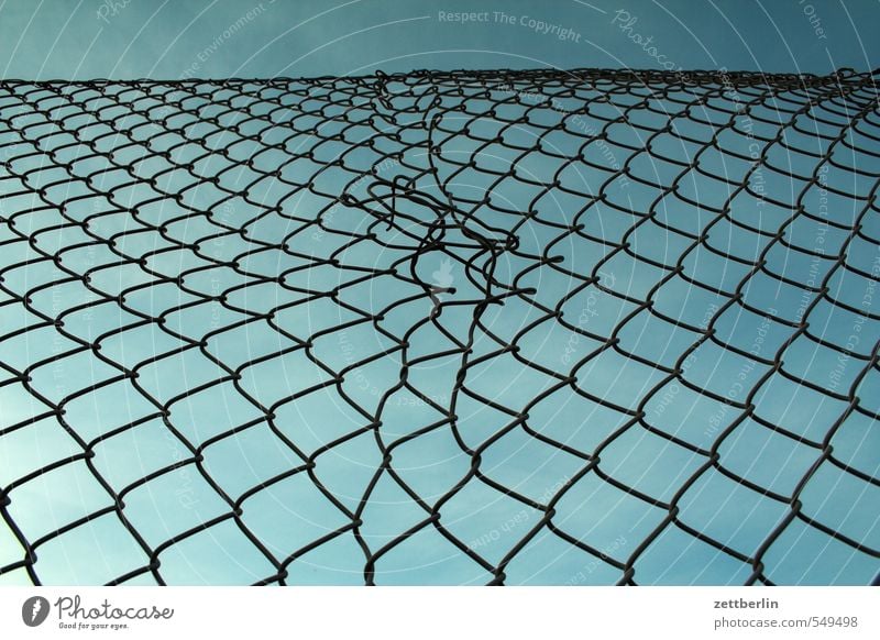 Wire mesh fence again Wire netting fence Fence Wire fence Neighbor Border Divide Division Department Repair kit Repaired Crack & Rip & Tear Sky Sky blue