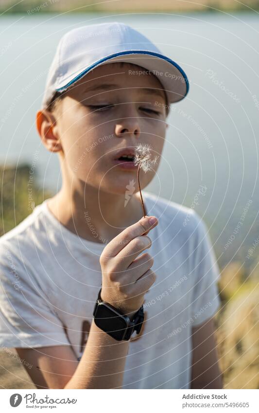 Teenager boy in casual clothes blowing dandelion leaf against blurred lake shore teenager wear clothing cap headwear water blurred background relax breathtaking