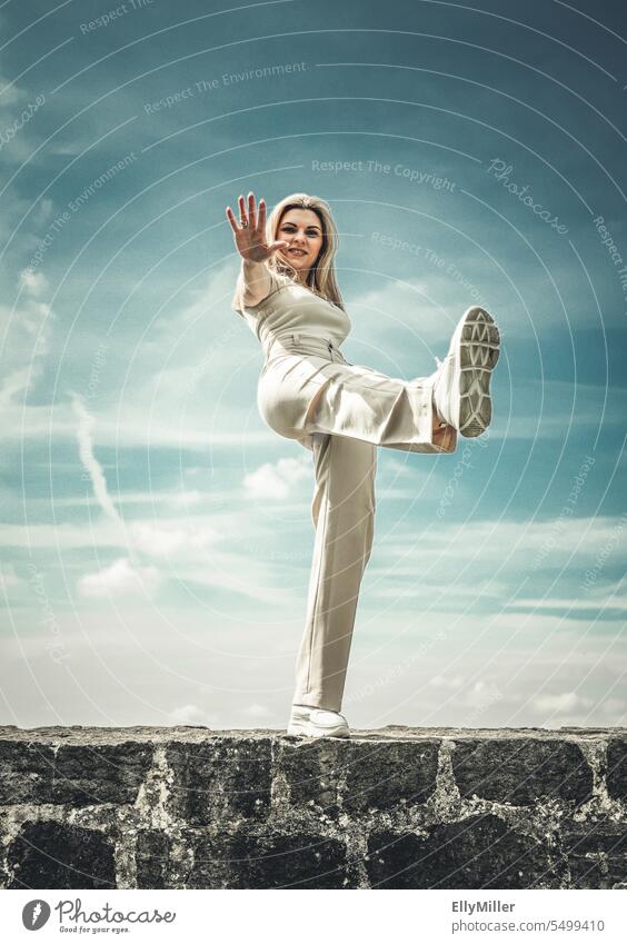 Kick the air. Air Woman portrait Protective Hold stop Hand Stop Palm of the hand Human being Cancelation Emotions Protest Resolve Border Self-confident