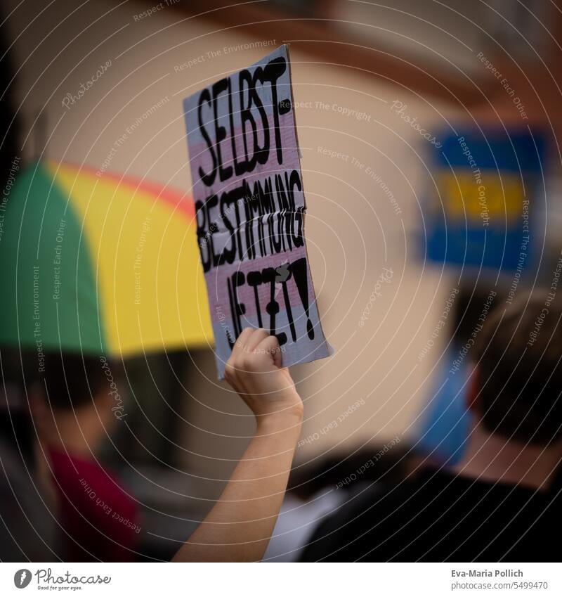 Demonstration sign "Self-determination now!" demonstrating demonstrate Self-Determination Act Transgender LGBT lgbtqi LGBTQ lgbtqi rights Homosexual queer Pride