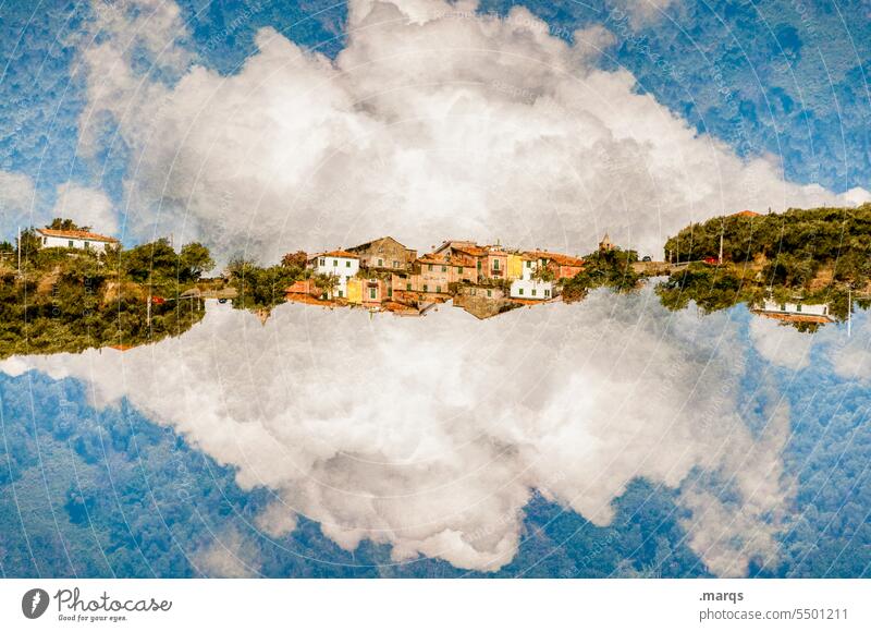 living with a view optical illusion Hover dwell Symmetry Clouds Sky Double exposure Abstract Mediterranean Village houses Beautiful weather Dream world