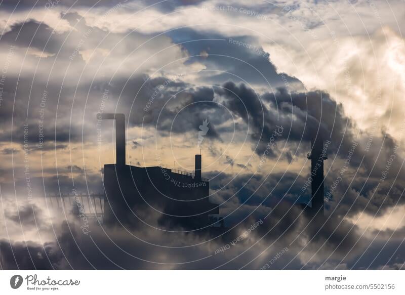 Dirty industry Industry Industrial plant Clouds frowzy Factory Chimney Emission Smoke Climate Air pollution Sky Steam Energy Environmental pollution