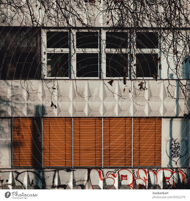 Modern facade of a school building, structures, windows and closed shutters Facade Closed shape Abstract abstraction Window Unkempt Architecture Building