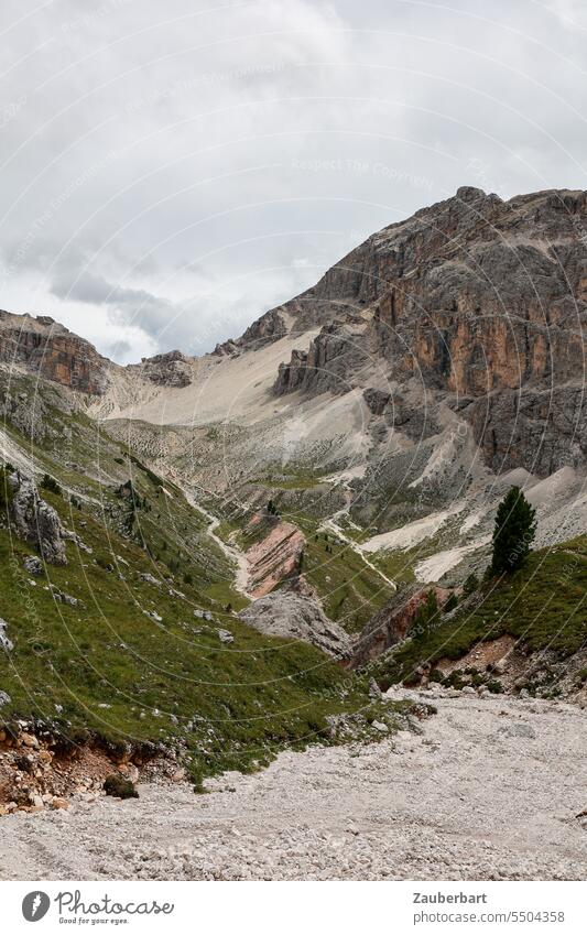Mountain panorama, dry stream bed, peak, saddle and scree field, sky with clouds mountain Alps Peak Clouds Green Landscape South Tyrol Hiking wanderlust