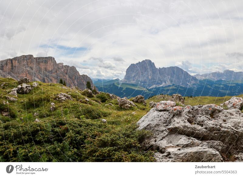 Mountain panorama, green meadow with rocks, sky with clouds mountain Alps Peak Clouds Green Landscape South Tyrol Hiking wanderlust Class outing Vantage point