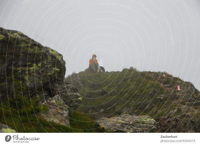Hiker with dog in fog next to a rock hikers Hiking outdoor wanderlust mountain Dog Fog Sit rest cloud cloudy overcast Green Nature Landscape Mountain Adventure