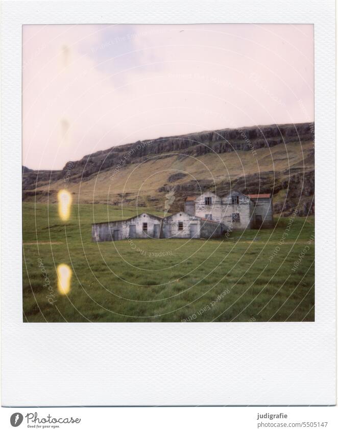 Polaroid of an Icelandic house House (Residential Structure) dwell Building Architecture Moody Living or residing Loneliness Country life Barn stables