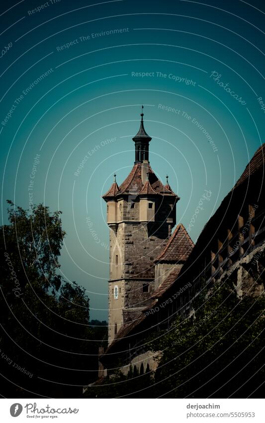 There it still stands the old tower of Rothenburg o.d.Tauber. Tower clock Landmark Architecture Deserted Building Day Town Downtown Exterior shot Skyline