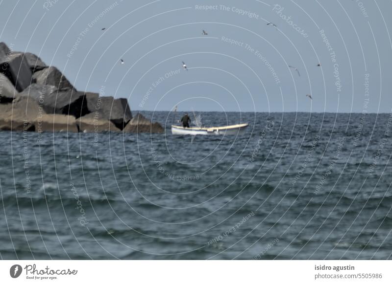 sailor fishing in his boat mar pescador barca landscape coast nature marinero Vacation & Travel summer ocean vacation Exterior shot Water Waves Horizon Tourism