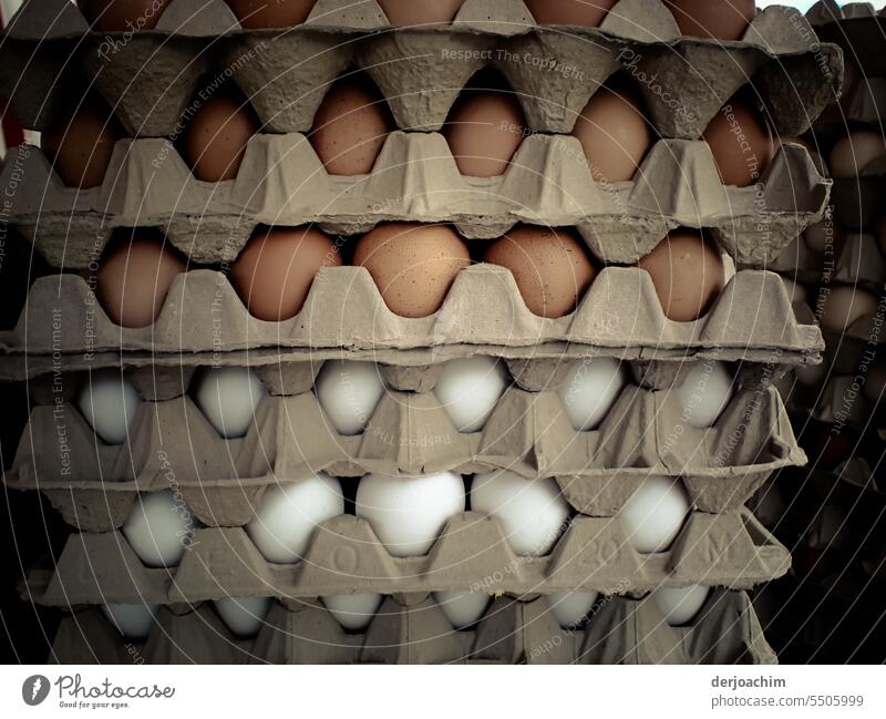 Stacked eggs without end. Brown and white. Eggs cardboard Close-up Deserted Food Colour photo Hen's egg Multicoloured Fresh Day Detail Nutrition white as snow