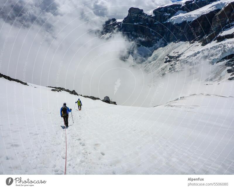 Climbers descending | rope team Rope team Mountaineering Glacier Adventure Exterior shot Alps Success Snowcapped peak Peak Rock Determination Panorama (View)
