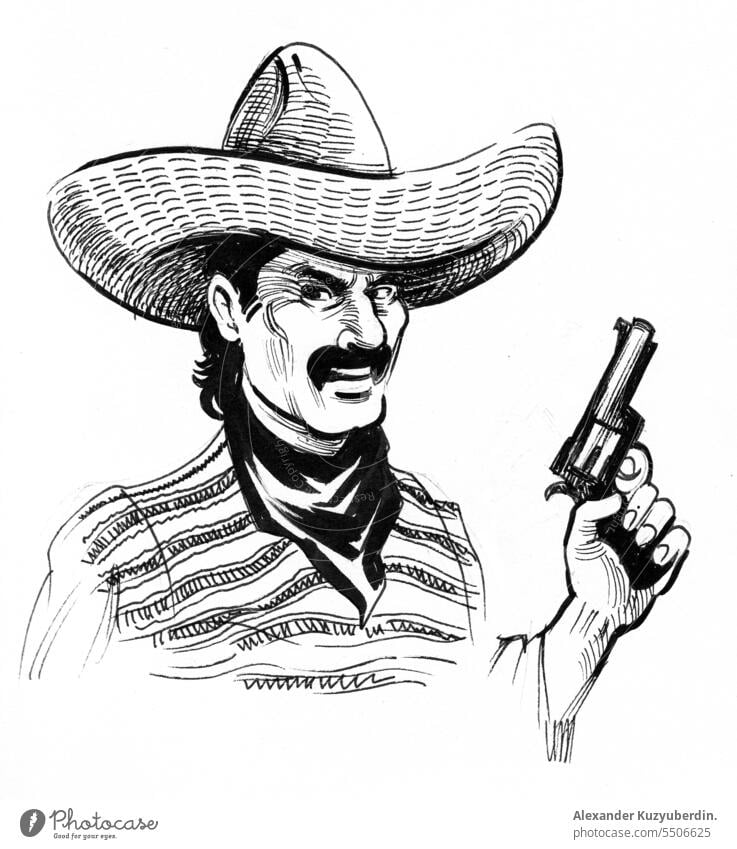 Mexican bandit black and white character criminal drawing gangster illustration ink male man mexican outlaw retro sketch sombrero vintage