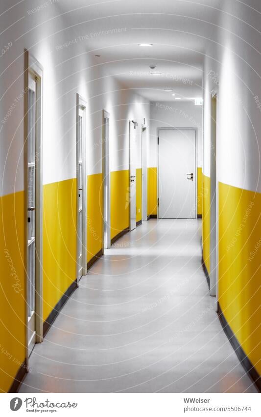 A yellow-painted, slightly curved corridor with many doors, most of which are closed Corridor Going Curved flexed Canceled Colour colored kind Offices