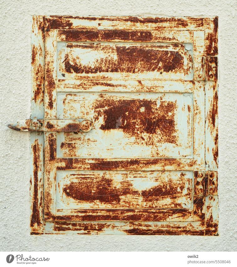 Large flap house wall Flap Opening Closed Metal Long shot Structures and shapes Exterior shot Deserted Rust Close-up Old Ravages of time Transience Tracks