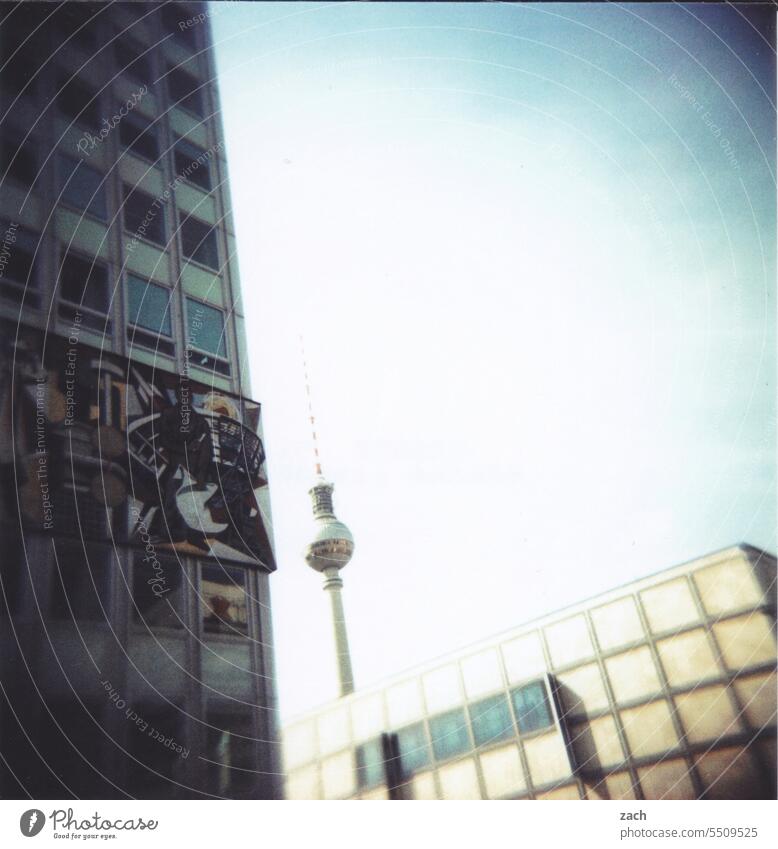 ostalgia Lomography Analog Sky Slide Holga Alexanderplatz Exterior shot Town Scan Berlin Berlin TV Tower Capital city Television tower Downtown Landmark