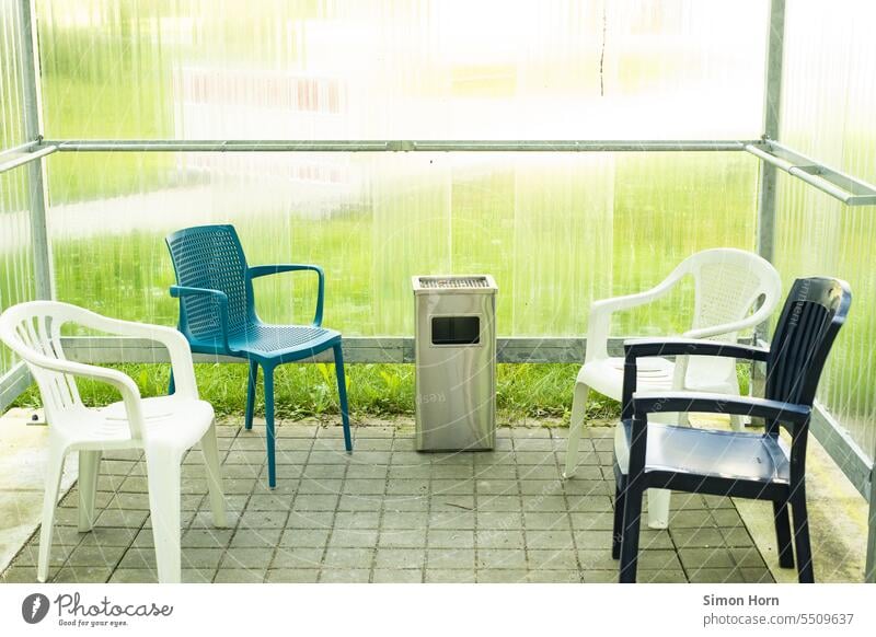 Waiting area with ashtray waiting area Ashtray smoking corner chairs Outdoor furniture Company Sit Break take a break disparate Selection hotchpotch Loneliness