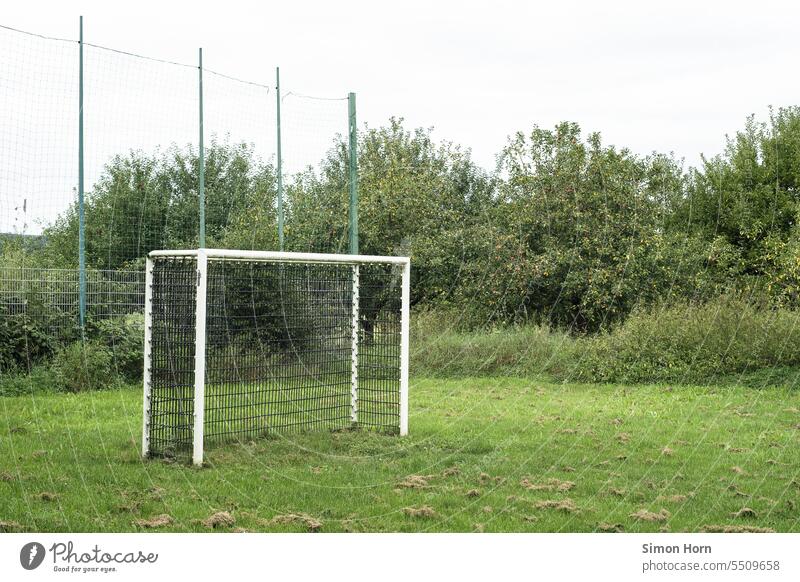 Football field next to an orchard amateur football field Fruit garden Goal Leisure and hobbies Sporting grounds Meadow Country life Meeting point Playing field