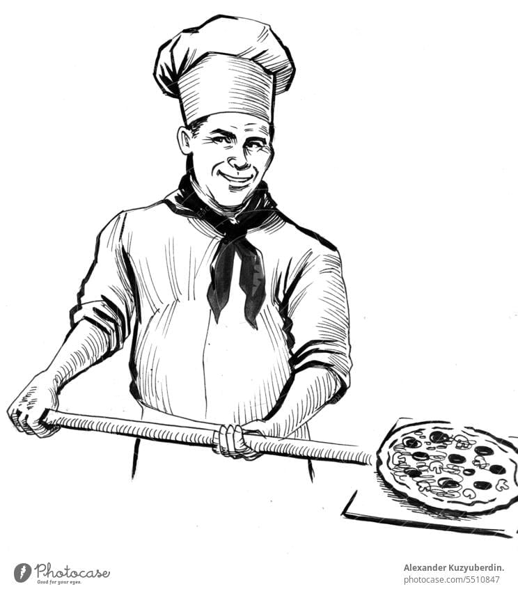 Smiling chef baking a pizza. Black and white ink illustration. art background baked baker cook cooking drawing fire food hand happy isolated italian kitchen