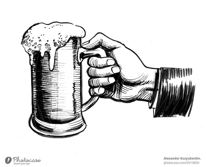 Hand holding a beer mug alcohol background bar beverage celebration classic cold cool drawing drawn drink engraved glass hand holiday illustration isolated