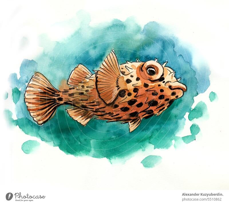 Yellow tropical fish on blue green background. Watercolor illustration animal aquarium beautiful beauty colorful coral drawing exotic isolated life marine