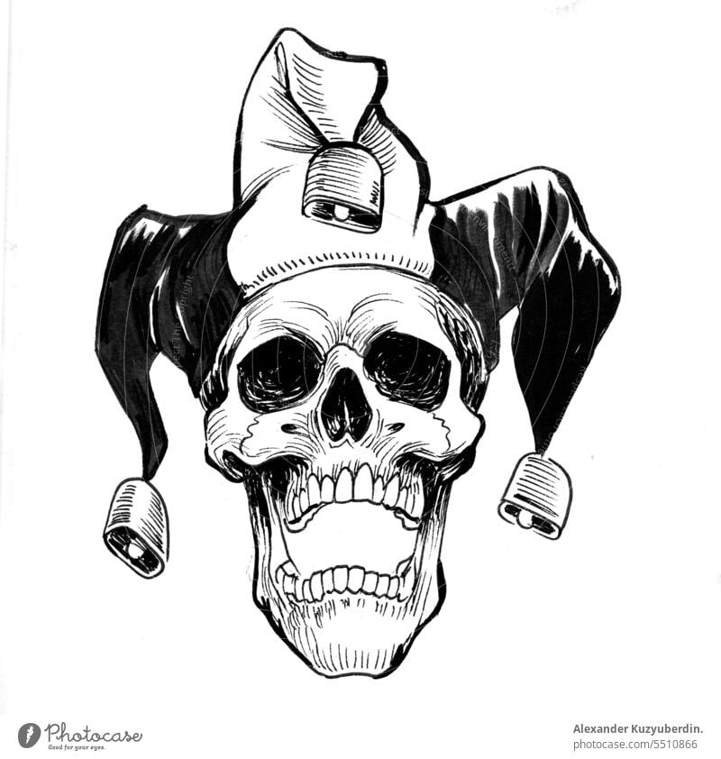 Human skull in jester hat. Ink black and white drawing art artwork bone buffoon carnival cartoon clown comedian comic danger dead death face fear fool fun funny
