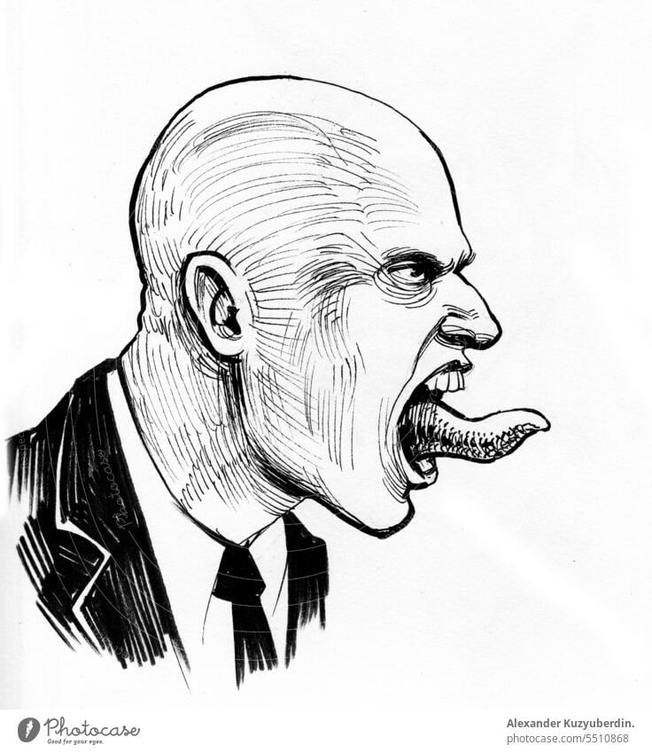 Scary bald man with his tongue out adult art artwork background black black and white business businessman closeup concept crazy creepy creepy man drawing